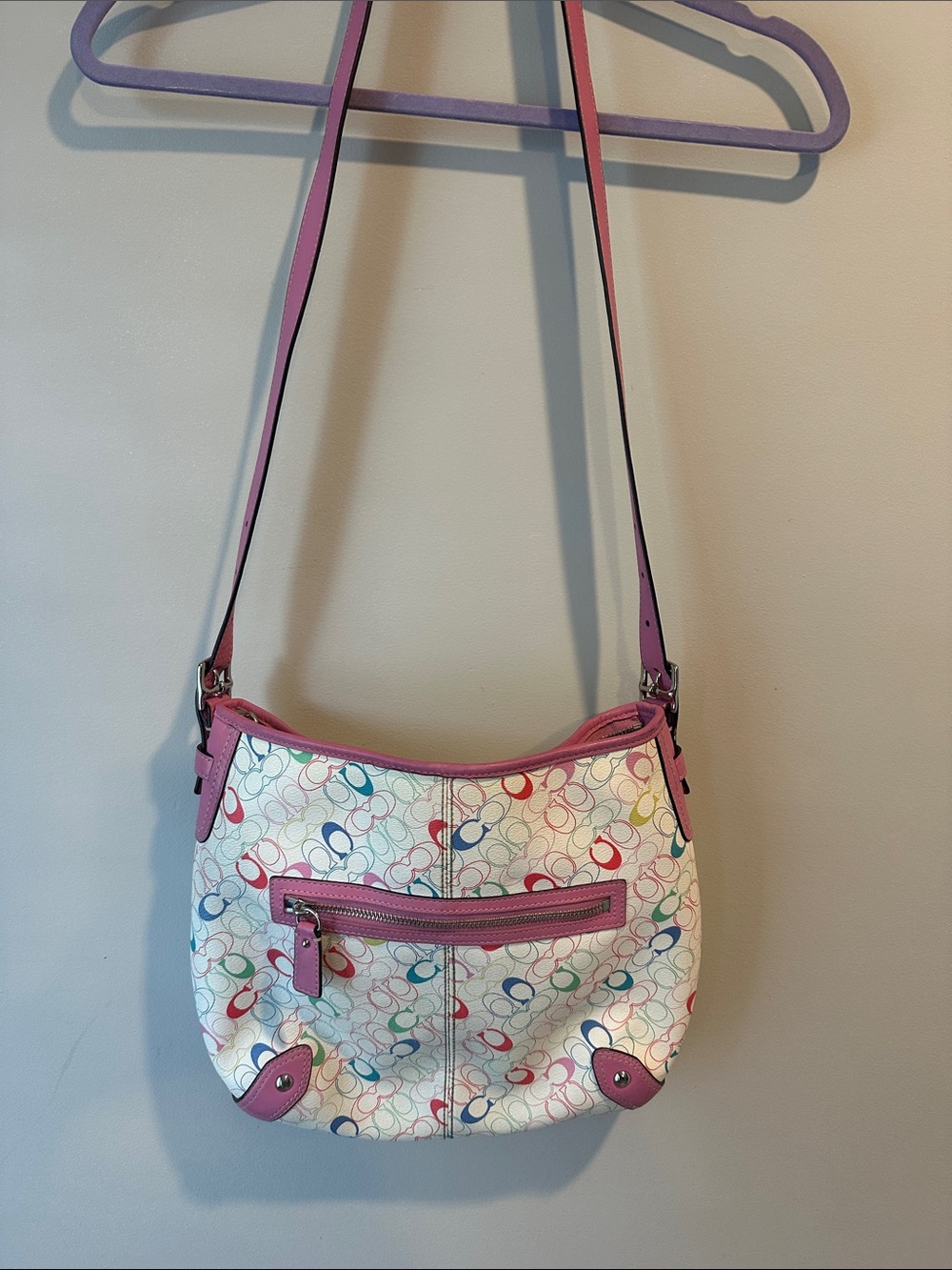 Coach White Multicolor Signature Crossbody with Pink Trim